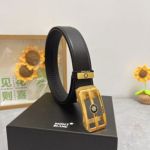 1:1  Montblanc Black Leather Belt with Gold  Logo Buckle "田“Shape Buckle 3.5cm